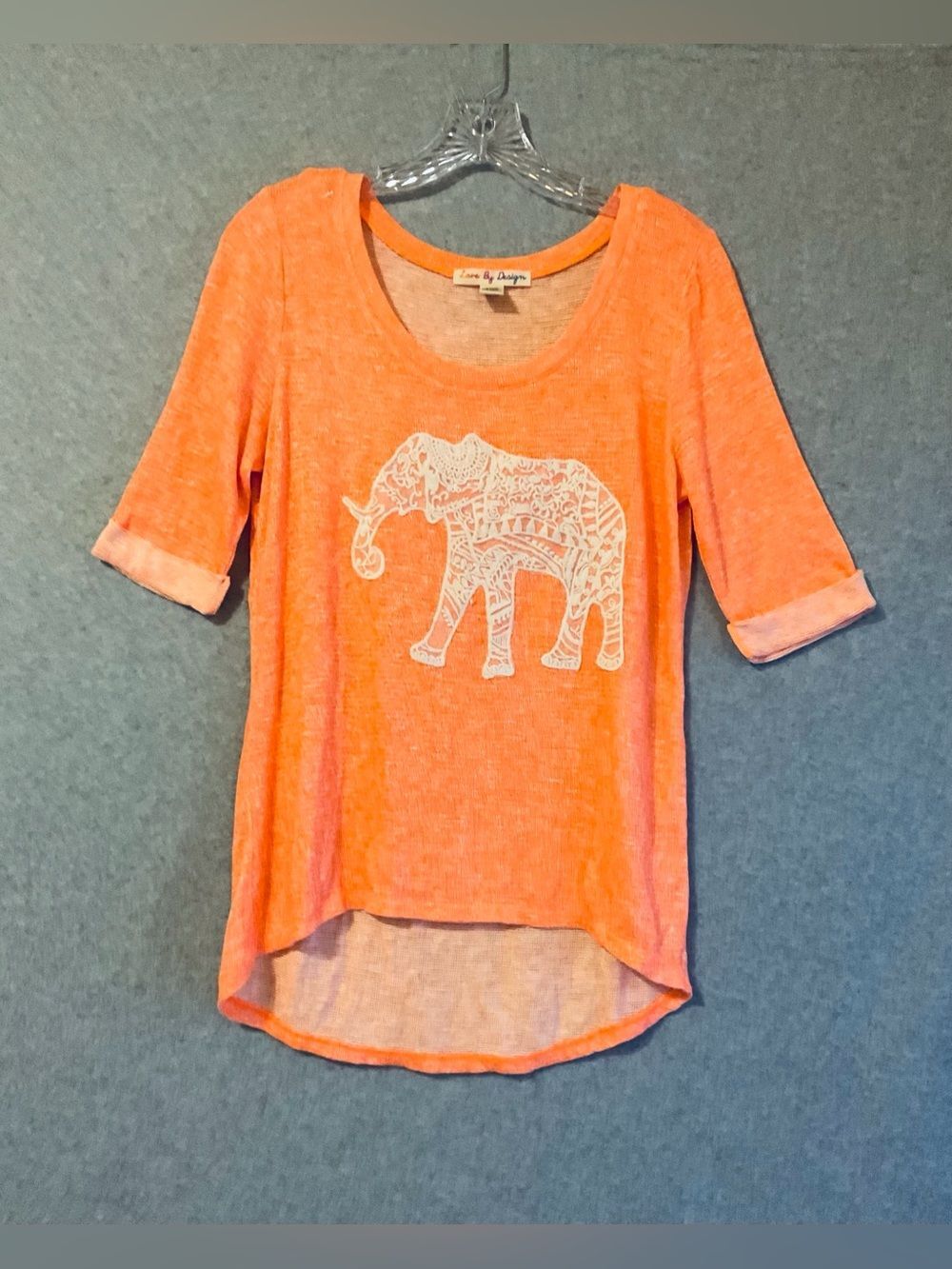 LovebyDesign Womens Orange Boho Elephant Graphic Top 3/4 Sleeve Hi-Low Hem Sz L